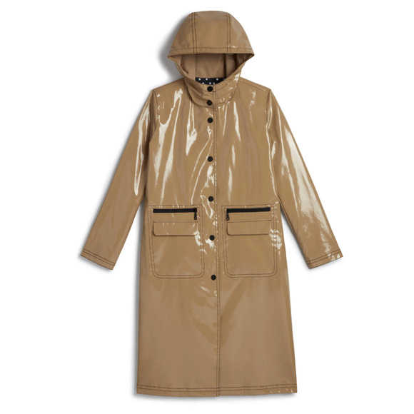 NWT Jane Post Raincoat hooded Rain Slicker in Beige Small Black Tan - Picture 2 of 8